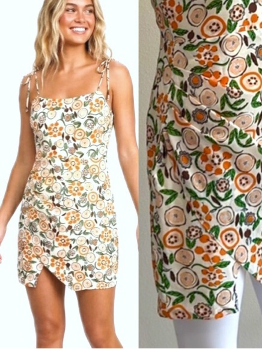 NWT Mahina Fruit Print Dress Size Small Orange Floral Spaghetti Strap Sundress